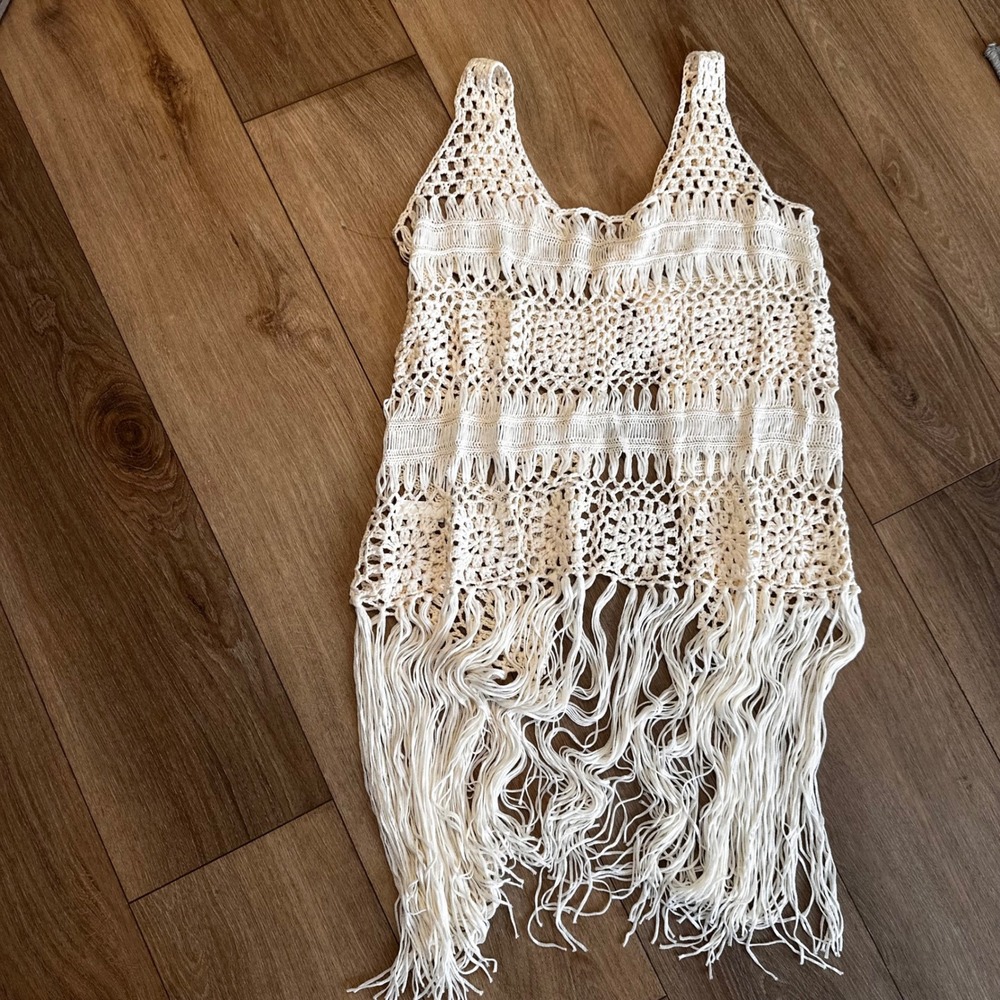 Cream Boho Crochet Fringe Vest Tie Front Open Knit Festival Cover Up 2XL